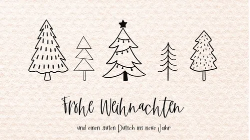 Fünf gezeichnete Weihnachtsbäume auf strukturiertem Hintergrund.