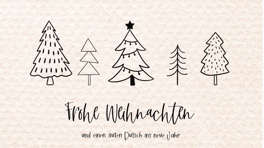 Fünf gezeichnete Weihnachtsbäume auf strukturiertem Hintergrund.