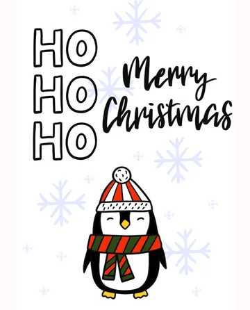 Penguin dressed for Christmas with snowflakes background.