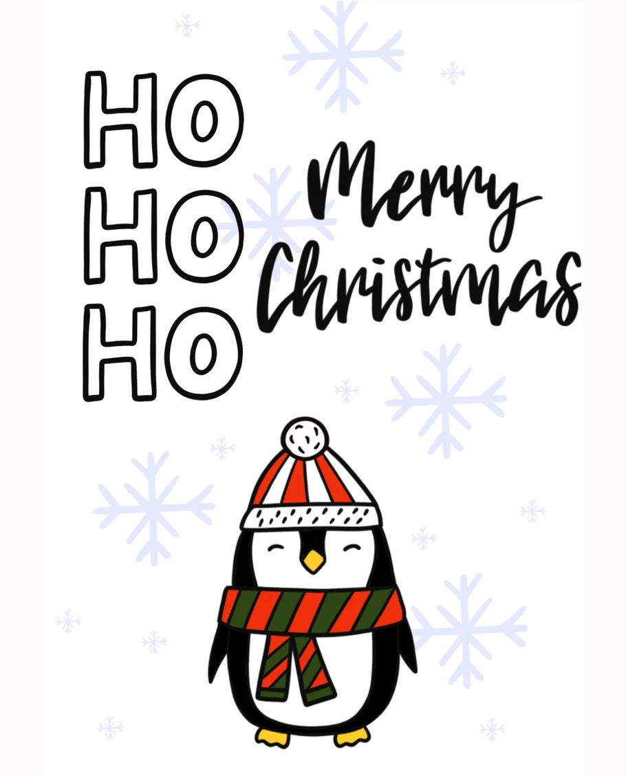 Pinguin weihnachtlich gekleidet mit Schneeflocken Hintergrund.