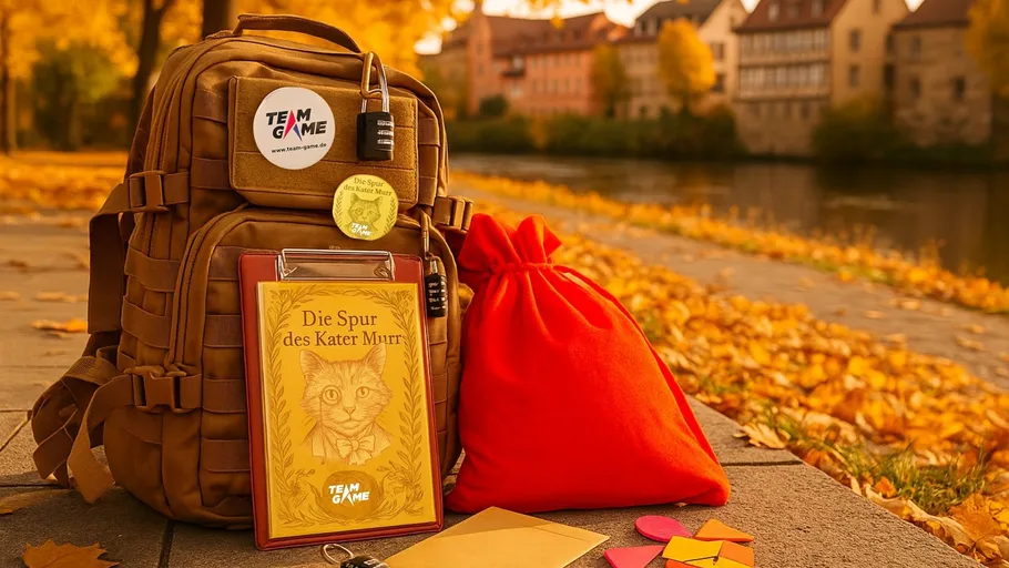 Backpack with book and red pouch, autumn setting.