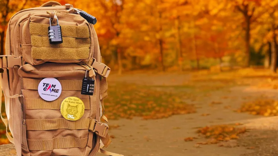 Rucksack mit Schlössern, Herbstbäume im Hintergrund.