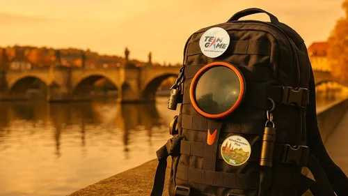 Backpack on bridge overlooking river during sunset.