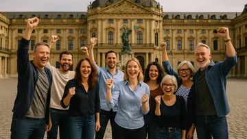 Gruppe jubelt vor historischem Gebäude.