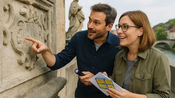 Zwei Personen begutachten Schnitzerei im Freien.