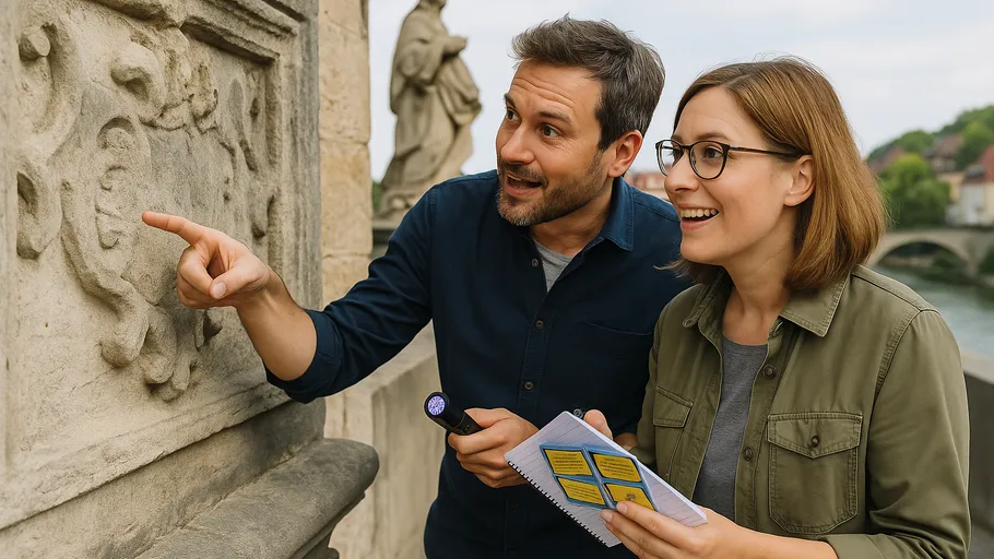 Two people examining carving outdoors.