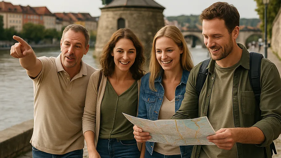 Group exploring a city with a map.