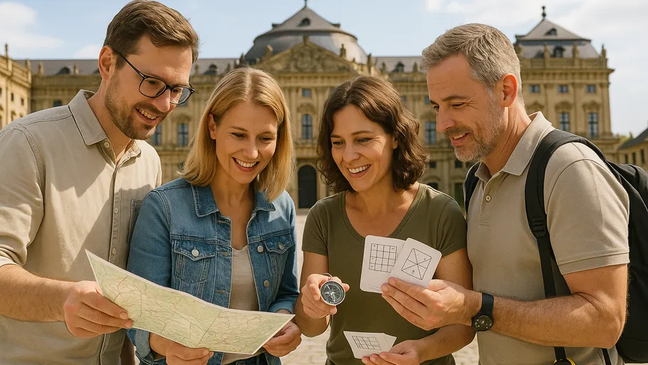 Group studying map outside historic building.
