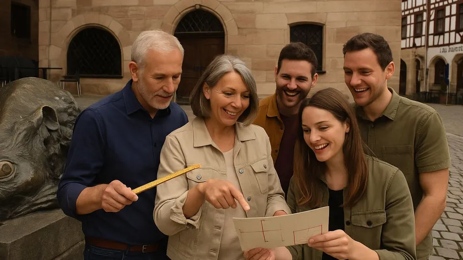 Fünf Personen betrachten draußen eine Karte.