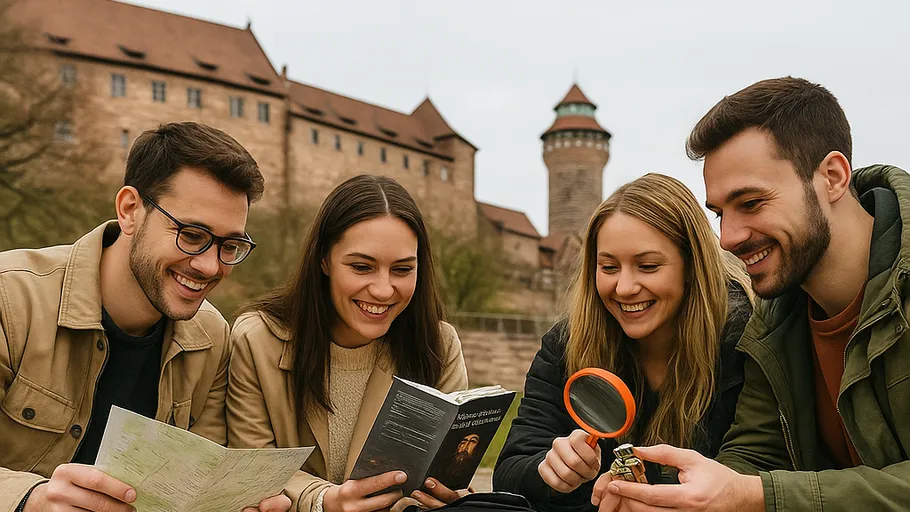 People reading and examining objects near a castle.