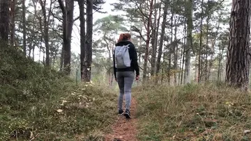 Person wandert auf Waldweg mit Rucksack.