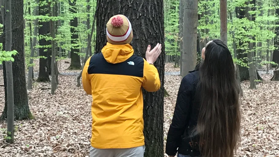 Two people standing by a tree in forest.