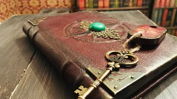 Altes Buch mit Schlüssel auf Holztisch.