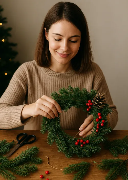 Frau fertigt Kranz mit Tannenzweigen und Beeren.