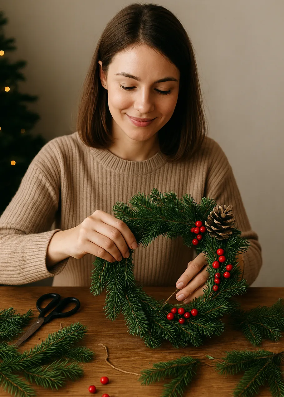 Woman crafting a wreath with pine and berries.