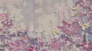 Abstract painting with textured pastel flowers.
