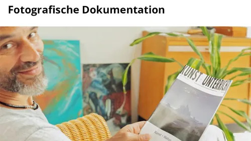 Man reads magazine in colorful room.
