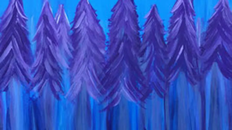 Lila Bäume gemalt vor blauem Hintergrund.
