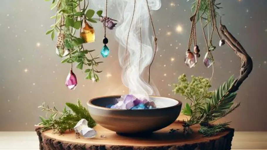 Crystals in bowl with smoke, surrounded by plants.