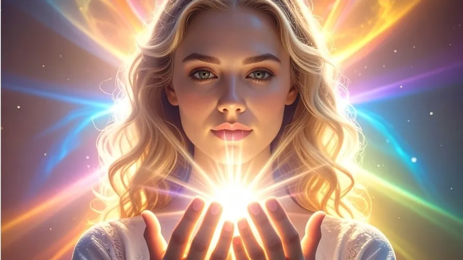 Woman holding glowing light, colorful background.