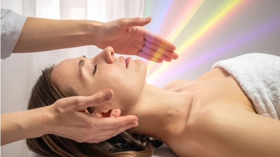 Woman receiving energy healing with rainbow lights.