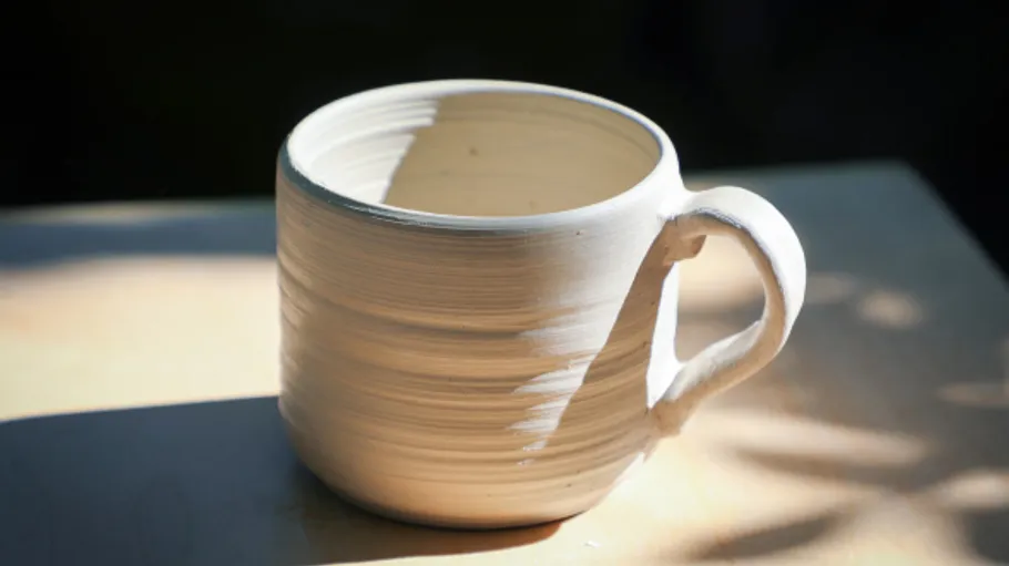 Keramikbecher wirft Schatten auf Tisch.