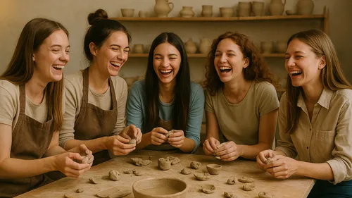 Five women laughing, making pottery at a table.