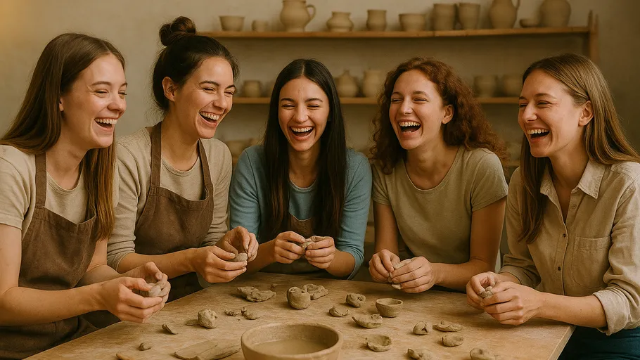 Five women laughing, making pottery at a table.