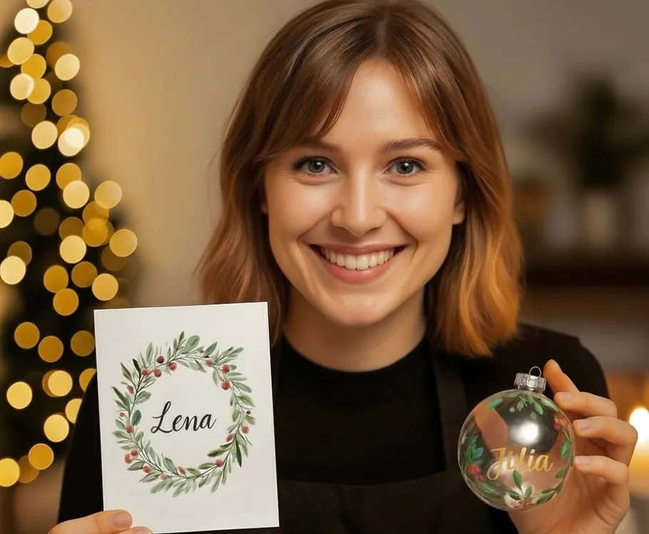 Smiling woman holds card and ornament indoors.