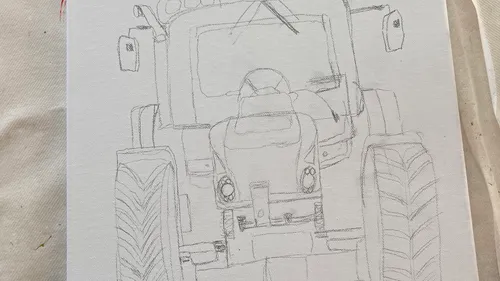 Pencil sketch of a front-facing tractor.