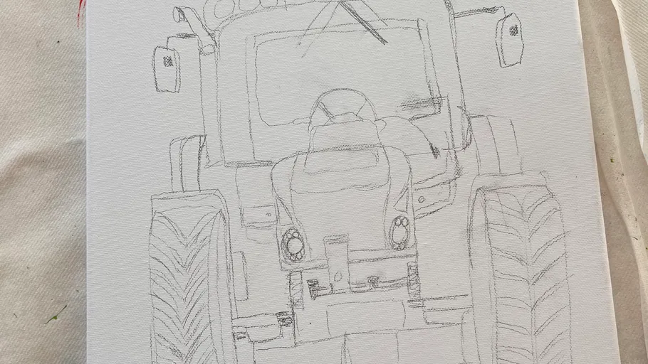 Pencil sketch of a front-facing tractor.