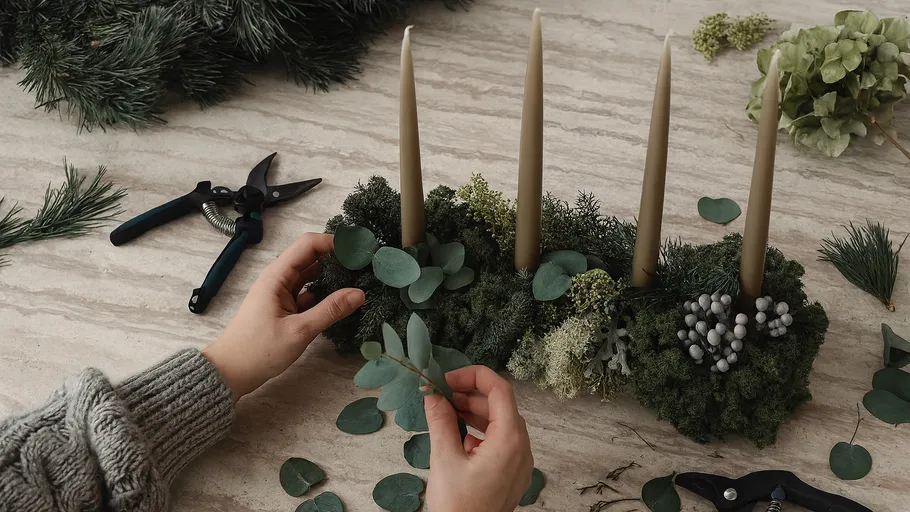 Hands arranging greenery around four candles.