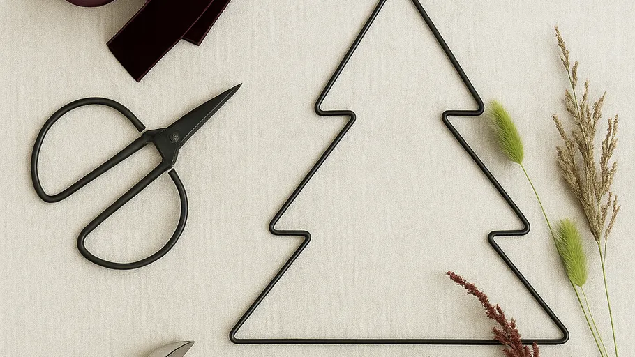 Scissors, tree outline, dried plants on fabric.