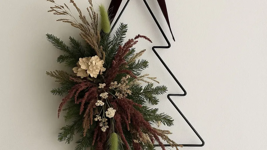 Decorative wreath on geometric wire tree frame.