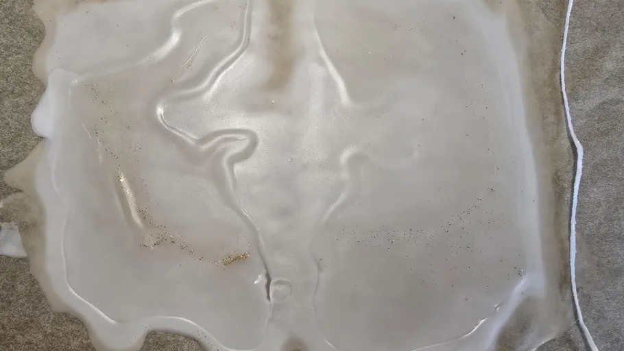 Melted plastic on a parchment paper surface.