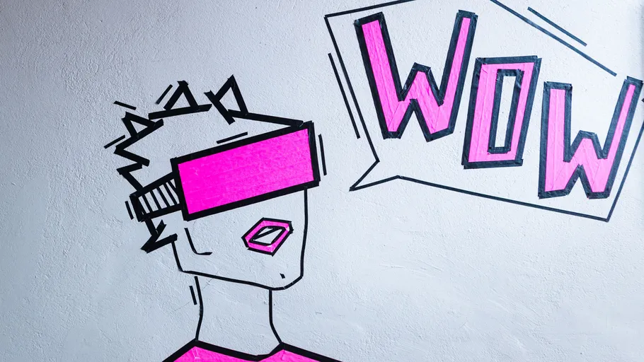 Abstrakte Person mit VR-Headset, sagt 'WOW'.