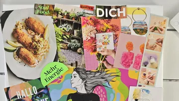 Collage of food, flowers, and art materials.