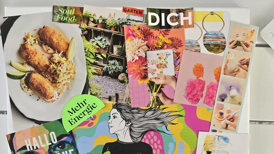 Collage aus Essen, Blumen und Kunstmaterialien.