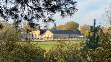 Steingebäude auf Feld, von Bäumen umrahmt.