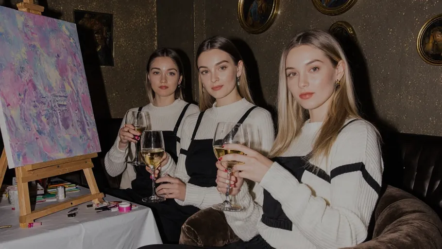 Three women with wine beside painting.