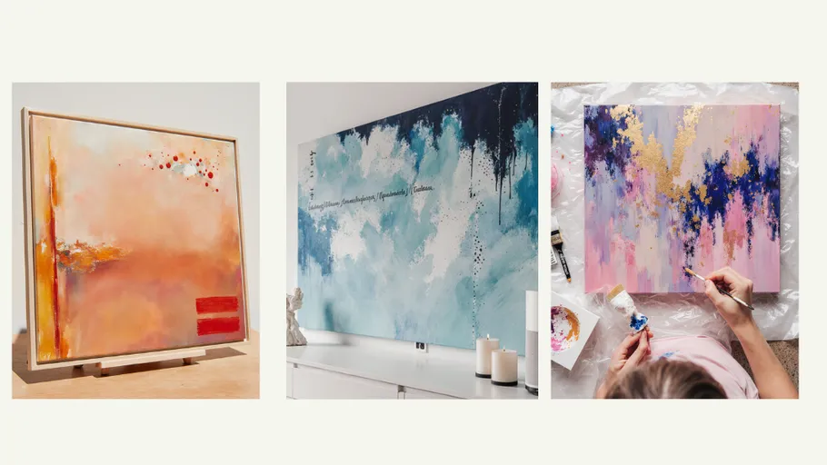 Three abstract paintings displayed in a gallery.