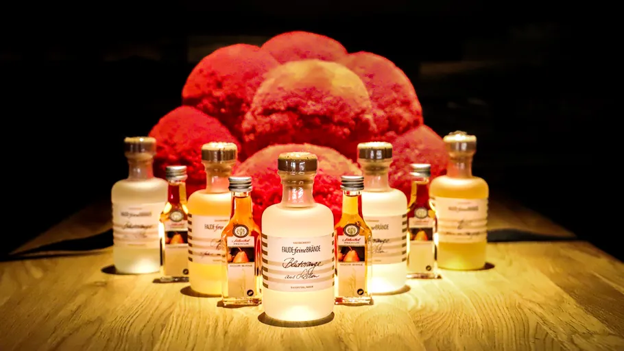 Flaschen mit Spirituosen auf Holztisch.