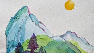 Mountain landscape watercolor with sun in background.