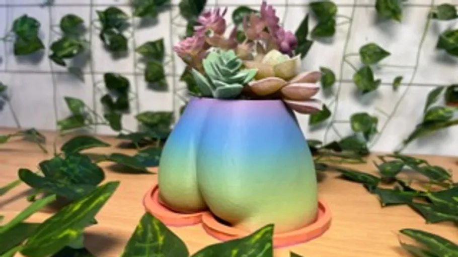Colorful planter shaped like buttocks with succulents indoors.