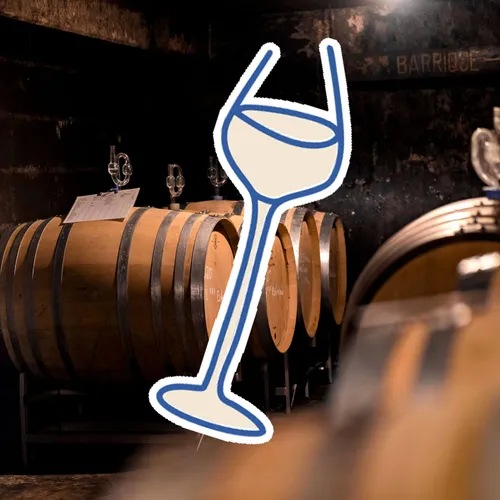 Barrels in a cellar with graphic wine glass.