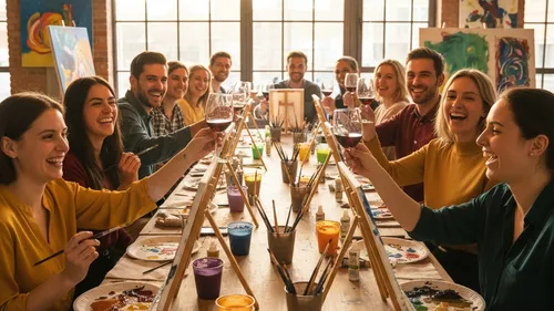 Gruppe malt und stößt im Kunststudio an.