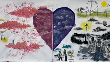 Heart split between night sky and cloudy scene.