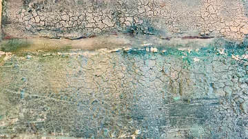 Cracked, textured painting with earthy colors.
