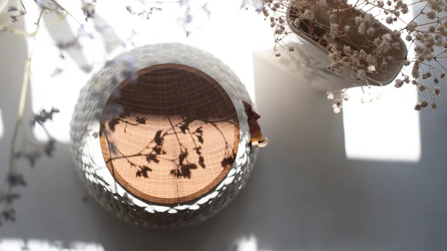 Decorative bowl casts shadow, surrounded by flowers.