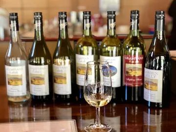 Wine bottles are placed on the table behind a wine glass.